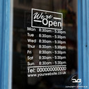 We're Open Personalised Opening Hours Times Window Vinyl Decal Sticker Sign Door Example
