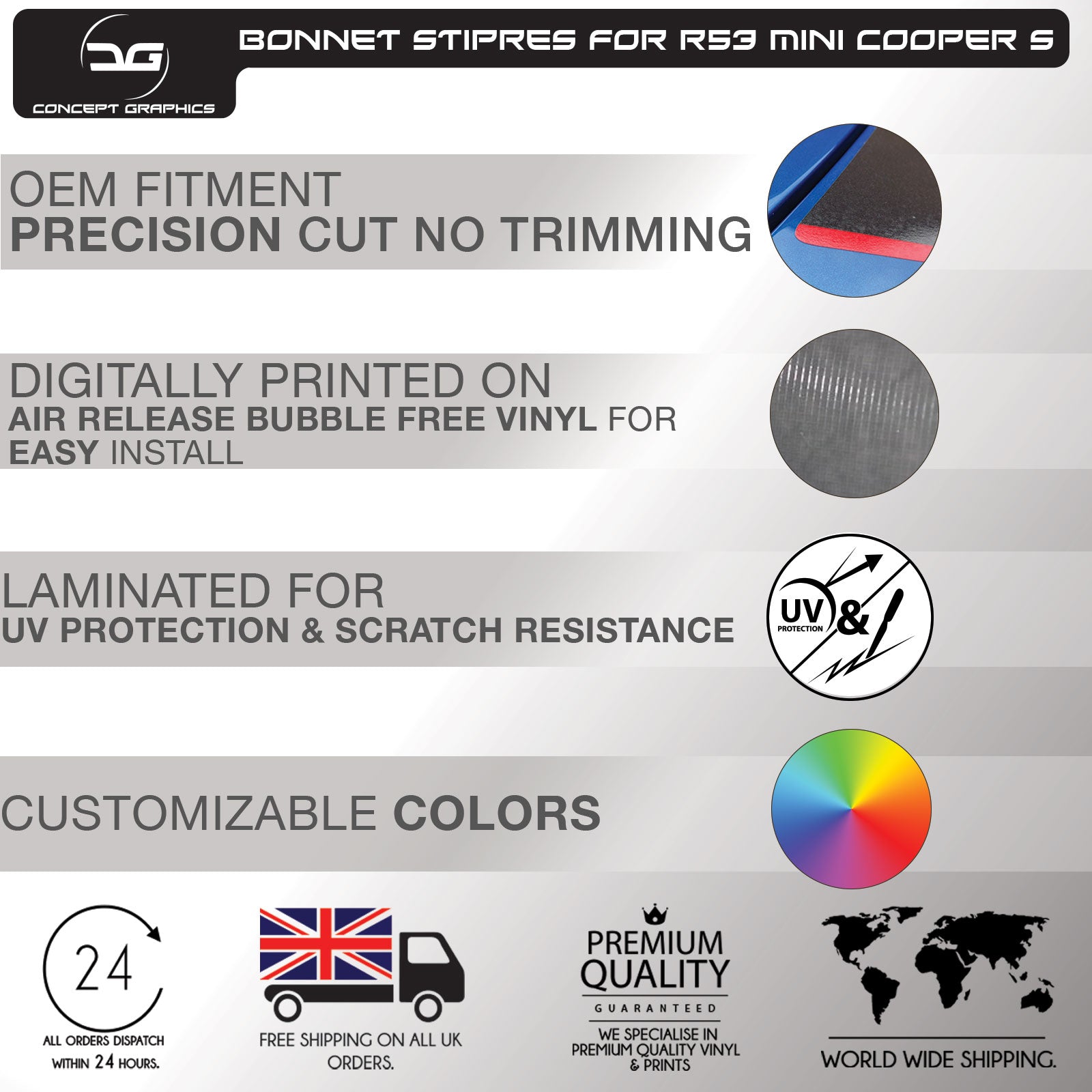 Mini Cooper S R53 Factory Fit Bonnet Stripe Decals | Concept Graphics
