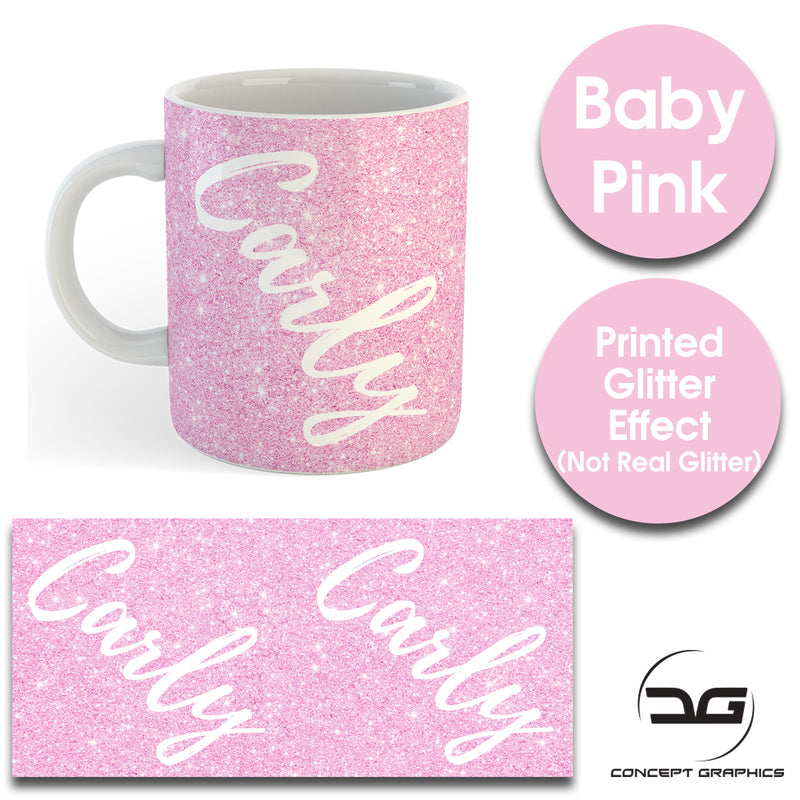 Custom Personalised Name Printed Baby Pink Glitter Effect Coffee Mug Cup 