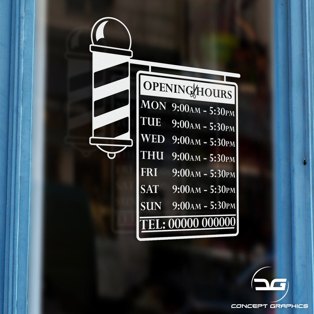 Barbershop Pole Custom Opening Times Sign Sticker | Concept Graphics