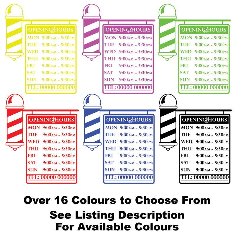 Barbershop Pole Personalised Opening Hours Times Vinyl Sign Sticker Colour Example