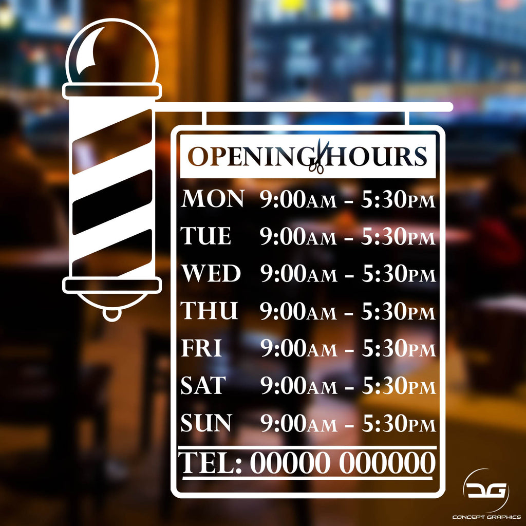 Barbershop Pole Custom Opening Times Sign Sticker | Concept Graphics