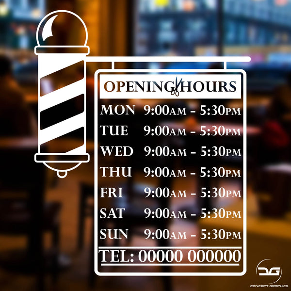 Barbershop Pole Personalised Opening Hours Times Vinyl Decal Window Sign Sticker