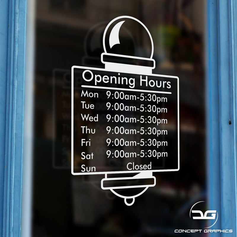 Barber Shop Pole Opening Times Hours Vinyl Sign Sticker Window Example