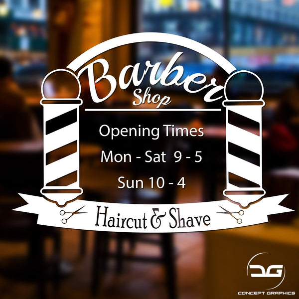 Haircut & Shave Personalised Barbershop Opening Times Hours Vinyl Decal Sticker Sign