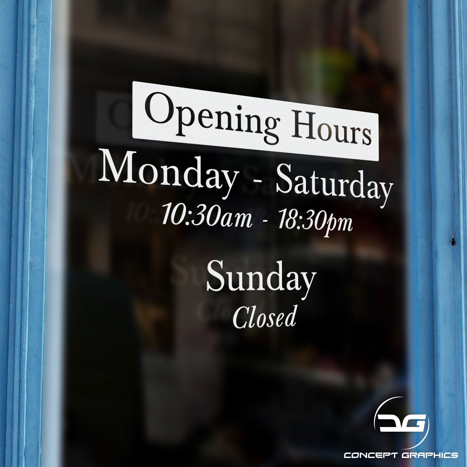 Simple Custom Opening Hours Time Vinyl Window Sign | Concept Graphics