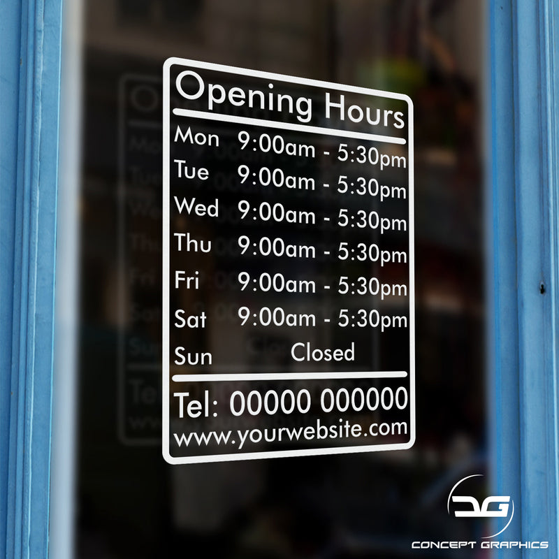 Personalised Custom Opening Hours Times Vinyl Decal Sticker Sign With Website & Tel Information Window Example