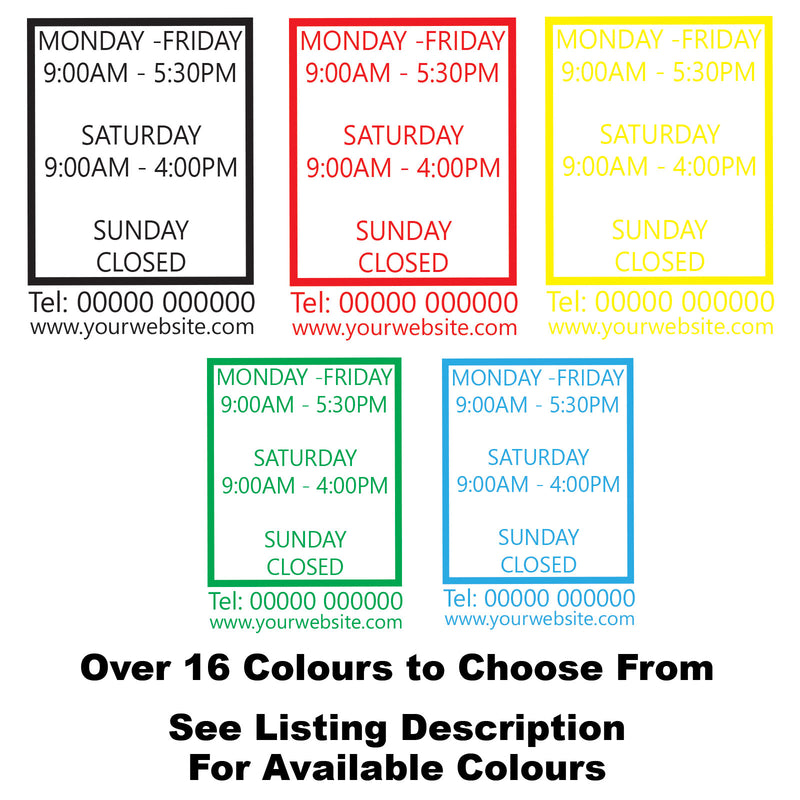 Box Effect Personalised Custom Opening Times Vinyl Decal Sticker Sign Colours Available