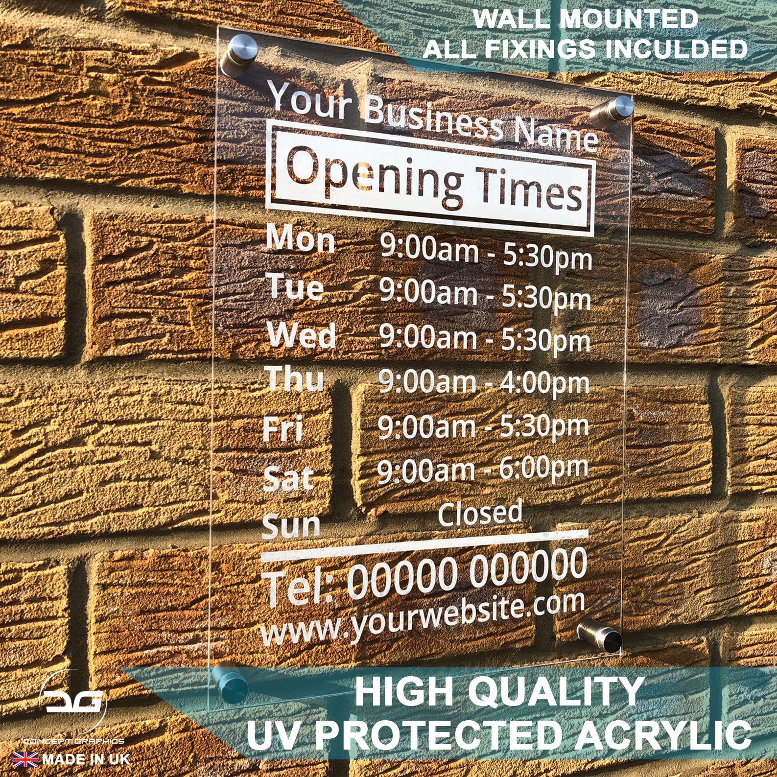 Custom Wall Mounted Acrylic Opening Times Sign | Concept Graphics