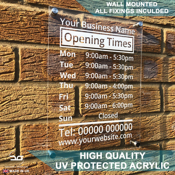 Custom Personalised Business Wall Mounted Acrylic Opening Times Sign