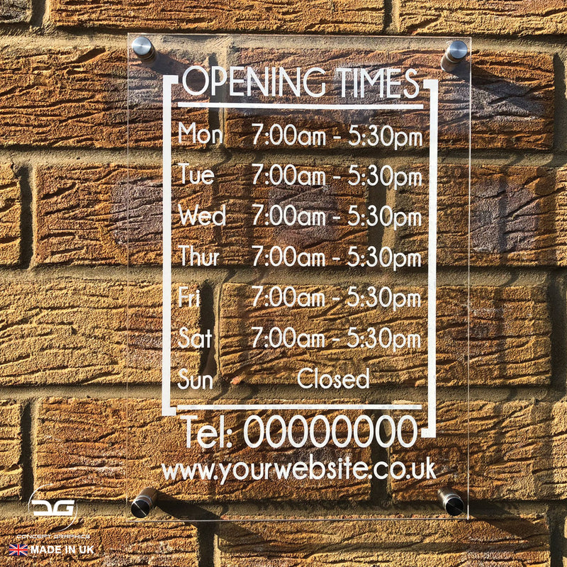 Modern Personalised Wall Mounted Acrylic Opening Times Hours Sign