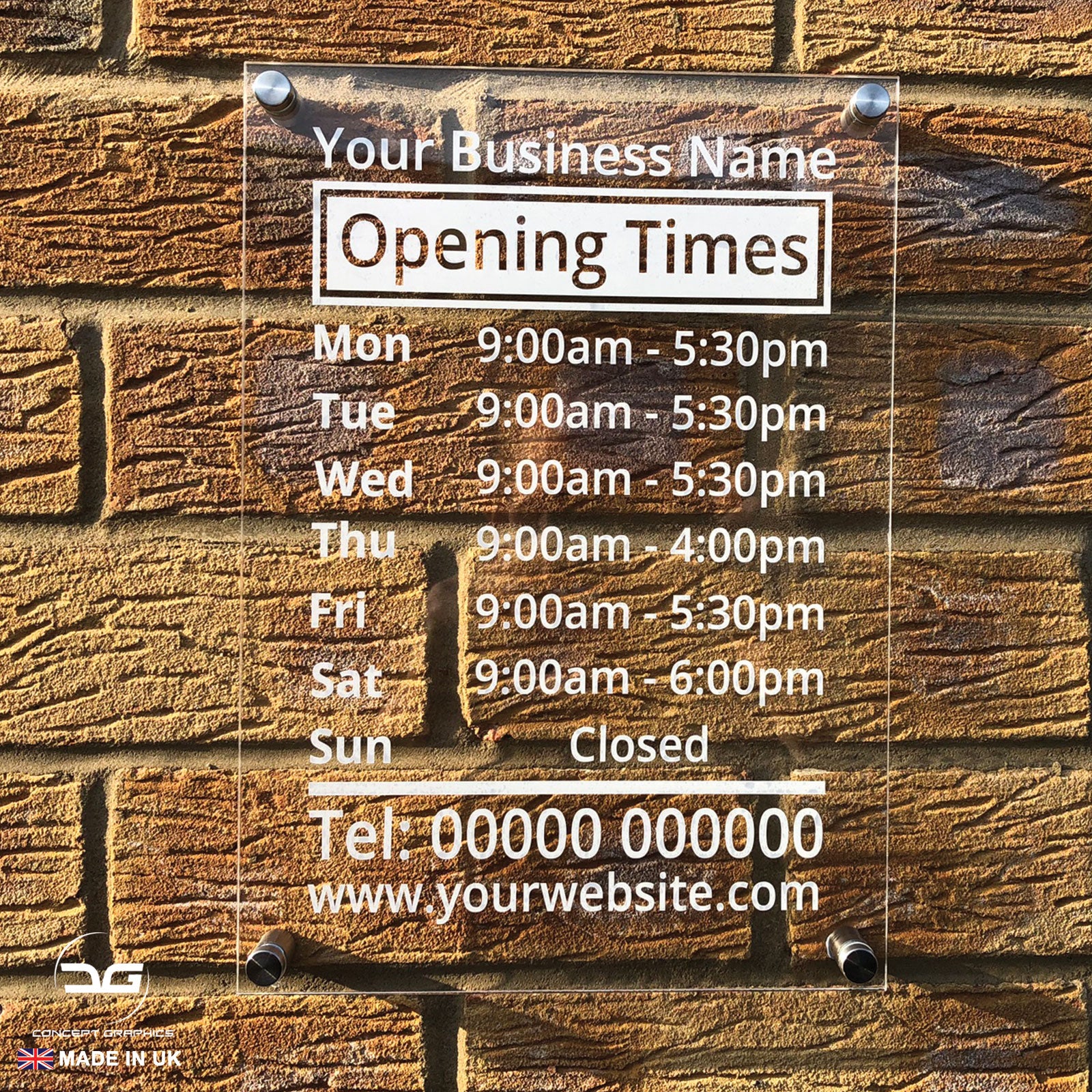 Custom Wall Mounted Acrylic Opening Times Sign | Concept Graphics