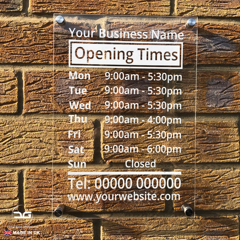 Custom Personalised Business Wall Mounted Acrylic Opening Times Hours Sign