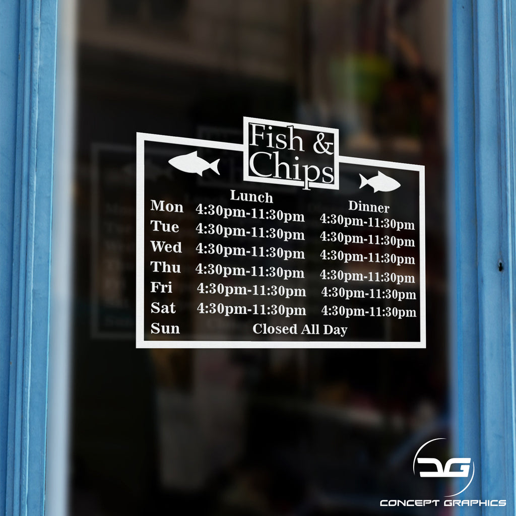 Fish & Chip Personalised Opening Hours Window Sign Concept Graphics