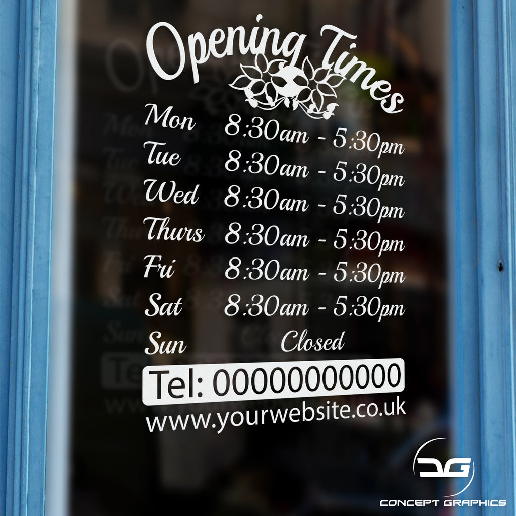 Window Hours Sign Floral Personalised Opening Hours Window Sign Decal | Concept Graphics