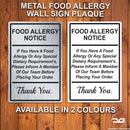 Food Allergy Safety Notice Wall Mounted Metal Plaque