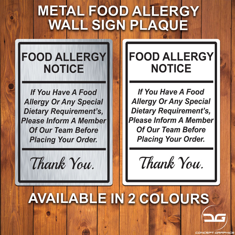 Food Allergy Safety Notice Wall Mounted Metal Plaque