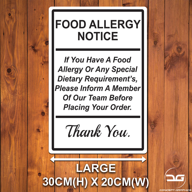 Food Allergy Safety Notice Wall Mounted Metal Plaque Large White