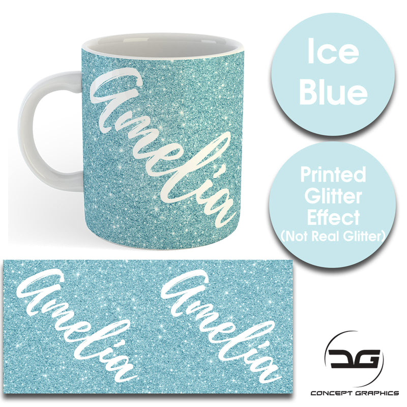 Custom Personalised Name Printed Ice Blue Glitter Effect Coffee Mug Cup 