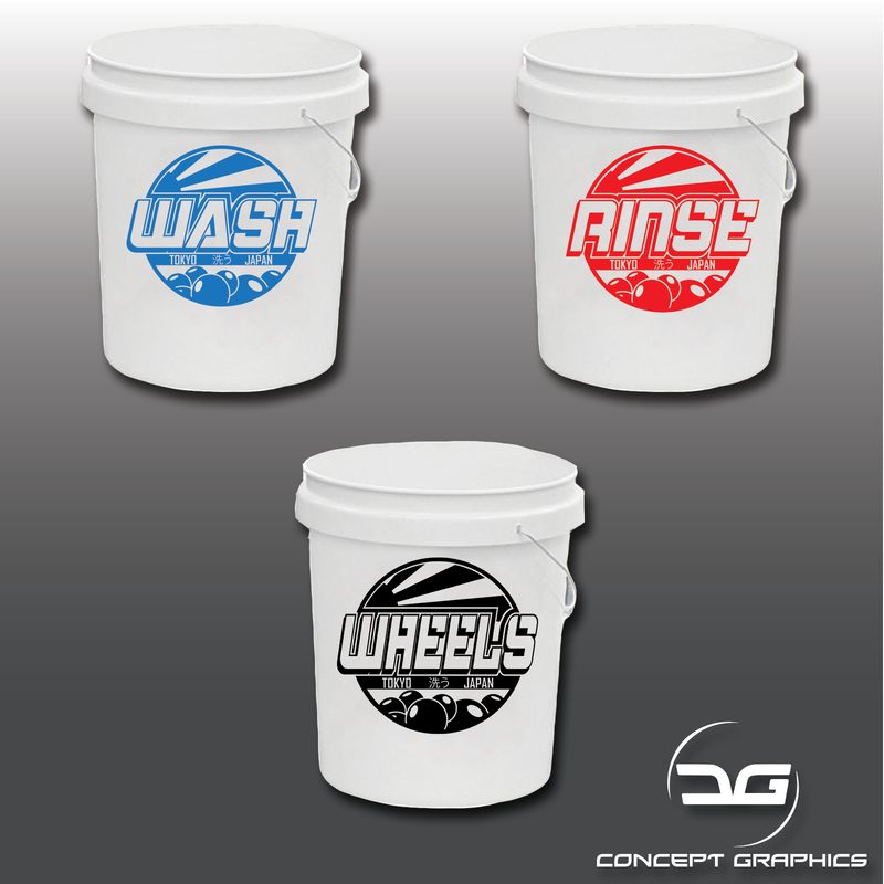 Large Japanese Themed Car Detailing Wash, Rinse & Wheels Vinyl Bucket Stickers on Buckets