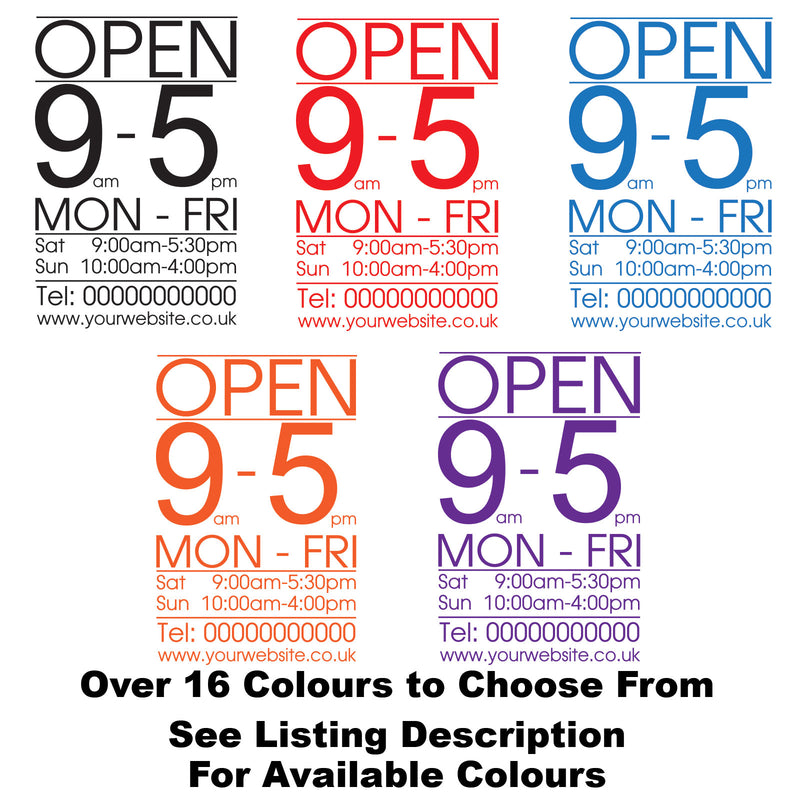Custom Personalised Large Text Opening Times Hours Window Vinyl Decal Sign Colour Example