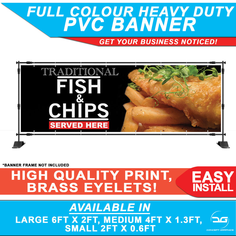 Restaurant Fish & Chips Served Here Banner Sign