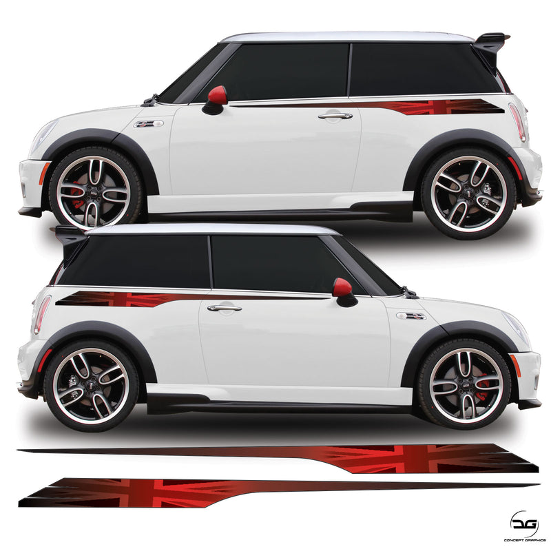 Red Union Jack Side Stripe Graphic Stickers For R53 Mini Cooper S, JCW, Works