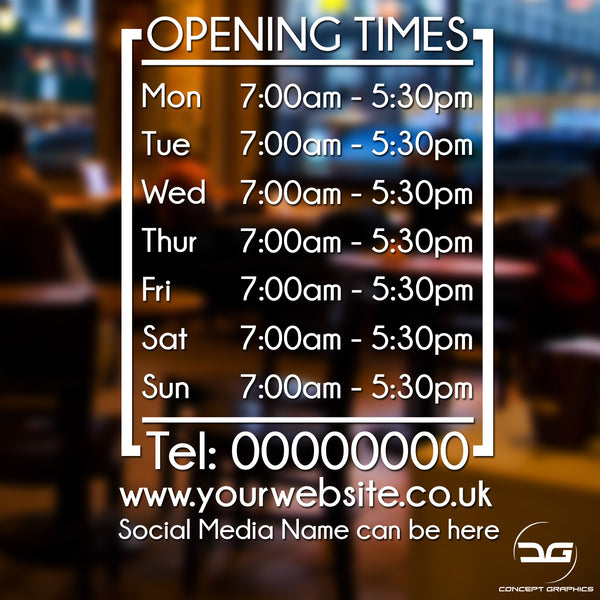 Modern Personalised Opening Hours/Times Business Window Wall Vinyl Sign