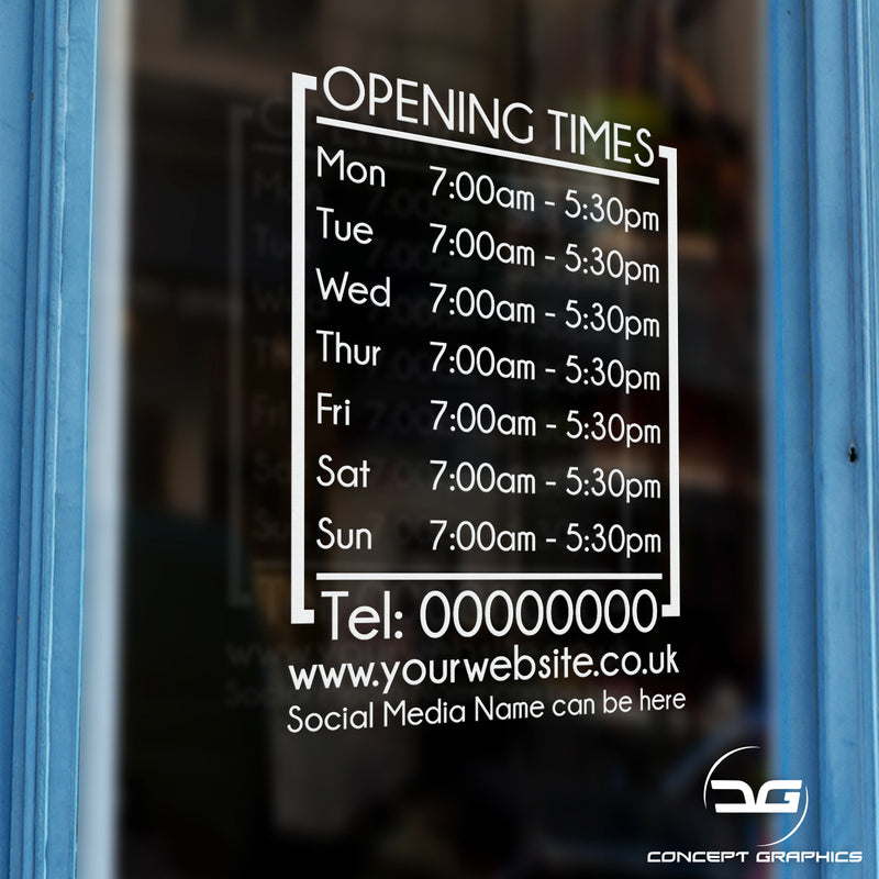 Modern Personalised Opening Hours/Times Business Vinyl Sign Sticker