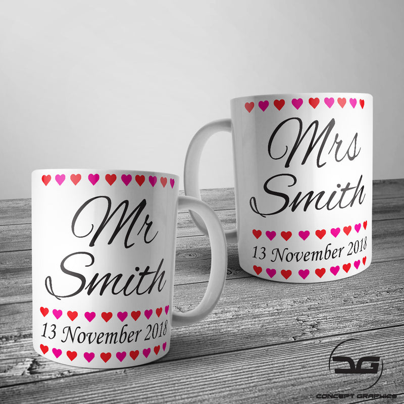 Set of 2 Personalised Custom Mr & Mrs Wedding Day Coffee Mugs/Cups