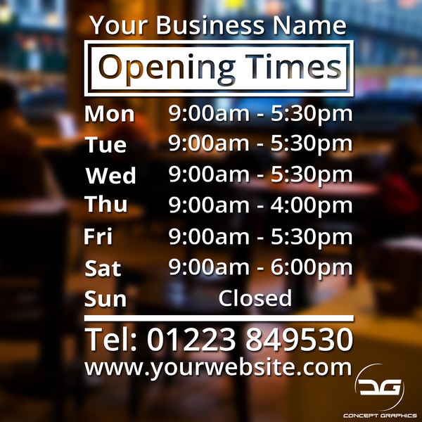 Custom Personalised Window Wall Opening Times/Hours Vinyl Decal Window Sign Ideal for Bars, Retail Shops, Barbers