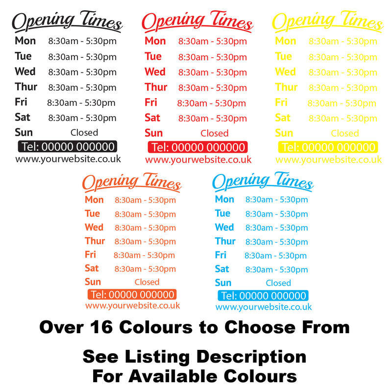 Personalised Custom Opening Hours Times Vinyl Decal Sign for Coffeshops, Barbershops, Salons, Retail Colours