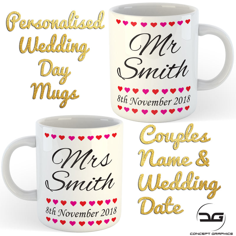 Set of 2 Personalised Custom Mr & Mrs Wedding Day Coffee Mugs