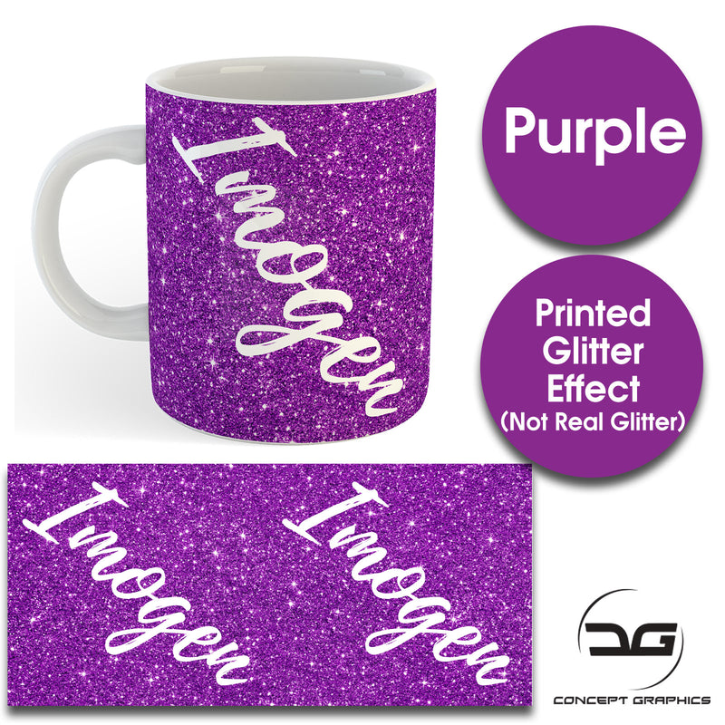 Custom Personalised Name Printed Purple Glitter Effect Coffee Mug Cup 