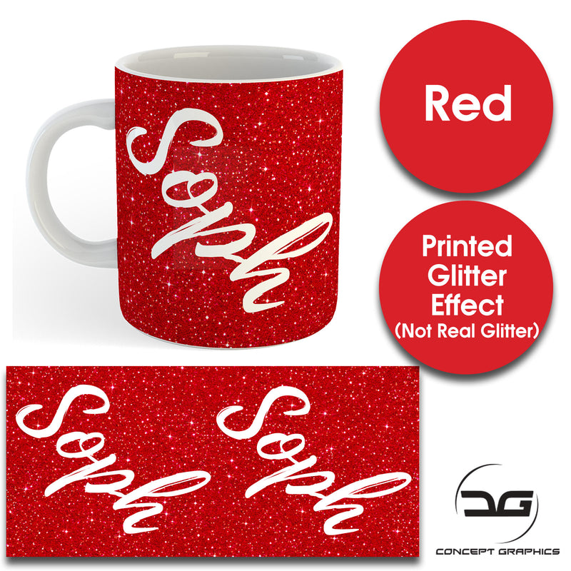 Custom Personalised Name Printed Red Glitter Effect Coffee Mug Cup 