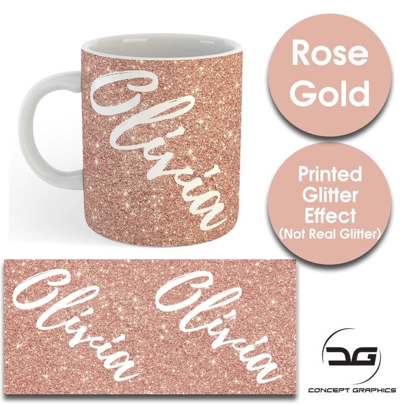 Custom Personalised Name Printed Rose Gold Glitter Effect Coffee Mug Cup 