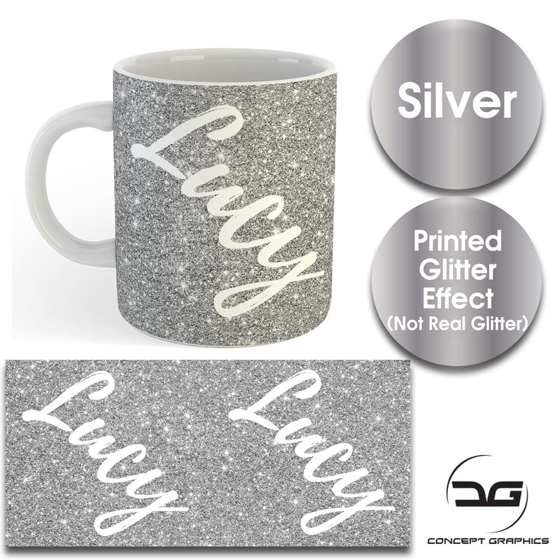 Custom Personalised Name Printed Silver Glitter Effect Coffee Mug Cup 