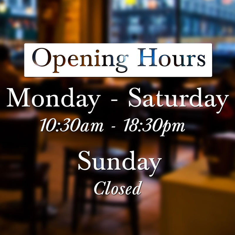 Simple Bespoke Personalised Retail Shop Opening Times Vinyl Decal Window Sticker Sign