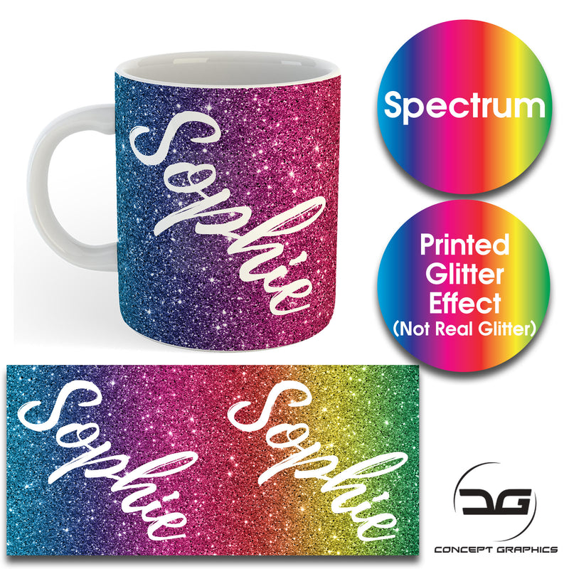 Custom Personalised Name Printed Spectrum Glitter Effect Coffee Mug Cup 