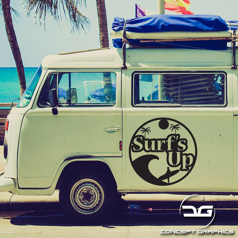 Surfs Up Funny Novelty Surfing Camper Van Car Vinyl Decal Sticker