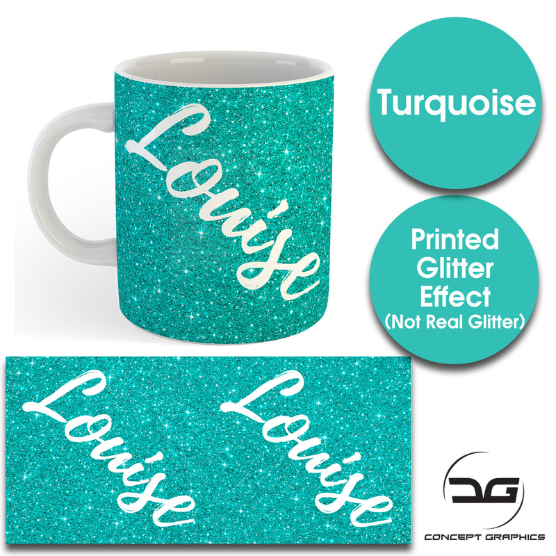Custom Personalised Name Printed Spectrum Turquoise Glitter Effect Coffee Mug Cup 