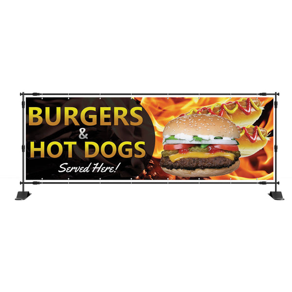 Burgers & hot dogs served here take away eve banner sign