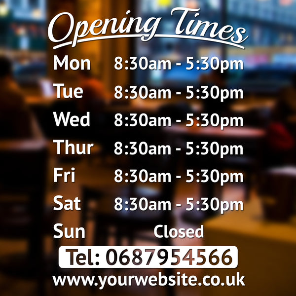 Personalised Custom Opening Hours Times Vinyl Decal Sign for Coffeshops, Barbershops, Salons, Retail
