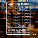 Personalised Custom Opening Hours Times Vinyl Decal Sticker Sign With Website & Tel Information
