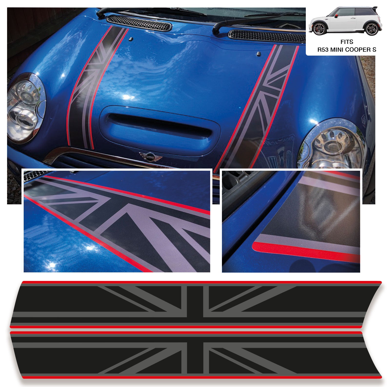 Mini R53 Decals Mini Cooper S R53 Factory Fit Bonnet Stripe Decals | Concept Graphics
